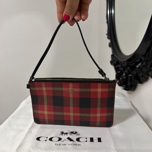 Coach Red & Black Plaid Wristlet with silver Accents